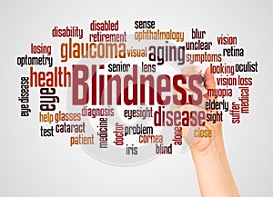 Blindness word cloud and hand with marker concept