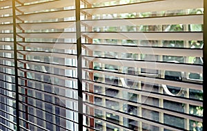 Blinds, Evening sun light outside wooden window blinds, sunshine and shadow on window blind.