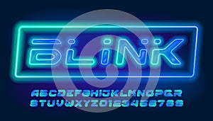 Blink alphabet font. Futuristic neon letters and numbers.