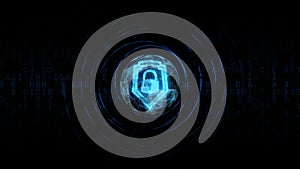 Blinking blue digital security padlock, protected encrypted cyphered information