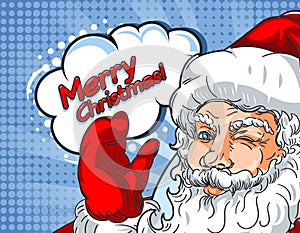 Blinking Santa Claus with hand up and the inscription Mery Christmas in comic style