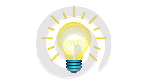 Blinking yellow lamp bulb turns on and off, flashing beams of light. Animated idea sign, cartoon icon. Gloving lamp symbol on