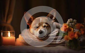 Blissful Canine Beauty Calm Shiba Inu Dog Enjoying Spa Therapy - Generative AI