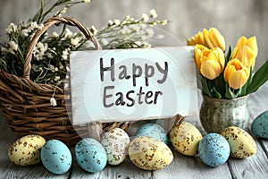 Blissful Easter. Commendatory Easter backdrop. Ornamented eggs and flowers