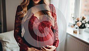 Blissful pregnant woman with a heartwarming smile cherishing the beauty of her blossoming belly