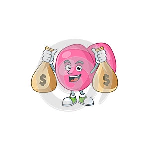 Blissful rich streptococcus pyogenes cartoon character having money bags