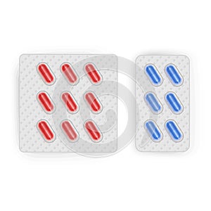 Blister with capsules. Medical drug tablet for illness and pain treatment Realistic mock-up with red and blue pills on white
