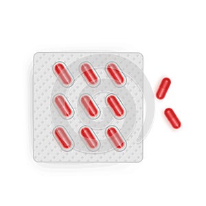 Blister with capsules. Medical drug tablet for illness and pain treatment Realistic mock-up with red pills on white background.