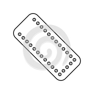 Blister of contraception icon. Line art logo of pill pack. Black illustration of small round medicines in package. Contour