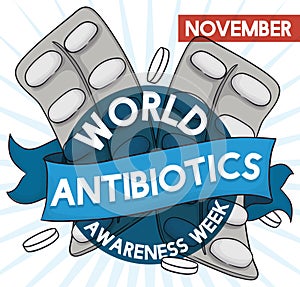 Blister Packs and Pills with Ribbon for Antibiotic Awareness Week, Vector Illustration