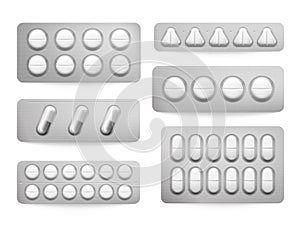 Blister packs white paracetamol pills, aspirin capsules, antibiotics or painkiller drugs. Prescription medicine packing vector set