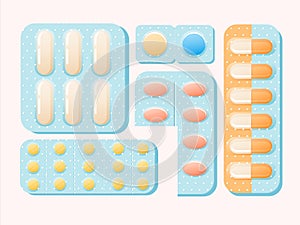 Blisters with pills and capsules illustration. Medicinal pain reliever powerful antibiotics red small yellow sedatives.