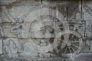 Blitar, East Java, Indonesia - April 25th, 2021 : Ancient relief on the stone of penataran temple, Blitar, East Java Indonesia