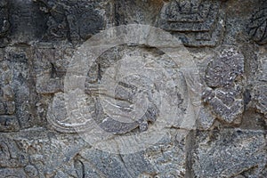 Blitar, East Java, Indonesia - April 25th, 2021 : Ancient relief on the stone of penataran temple, Blitar, East Java Indonesia