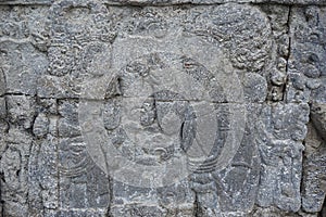 Blitar, East Java, Indonesia - April 25th, 2021 : Ancient relief on the stone of penataran temple, Blitar, East Java Indonesia