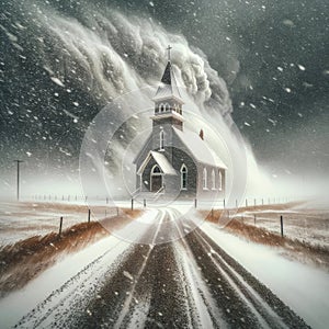 Blizzard Abandoned Vintage Church Snowstorm Retro Old Building Steeple Exterior AI Generate