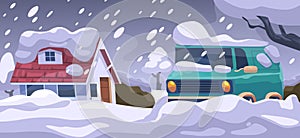 Blizzard Blankets The Countryside Landscape With House And Car In A Relentless Whiteout, Cartoon Vector Illustration photo