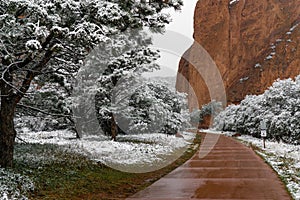 Blizzard at garden of the gods colorado springs rocky mountains during winter covered in snow