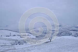 Blizzard in the mountains. Snowy hills, mountains, nature, horizon. Natural background. Appennino Tosco-emiliano photo