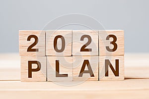 Block 2023 PLAN text on table. Resolution, strategy, goal, motivation, reboot, business and New Year holiday concepts