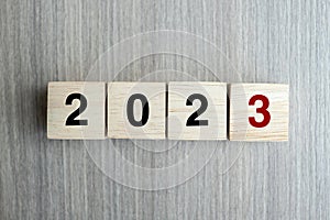 Block 2023 text on table. Resolution, strategy, plan, goal, motivation, reboot, business and New Year holiday concepts