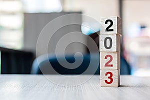 Block 2023 text on table. Resolution, strategy, plan, goal, motivation, reboot, business and New Year holiday concepts