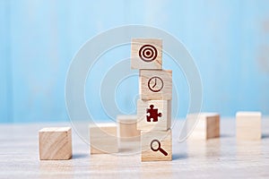 Block with business strategy icon on table background. Business Growth, strategy, success, vision, cooperation and Mission