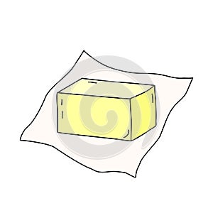 Block of butter or margarine on a piece of wrapping paper, doodle style vector