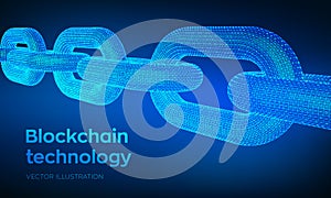 Block chain. Crypto currency. Hyperlink chain. Blockchain concept. 3D wireframe chain with digital code. Chain link with binary