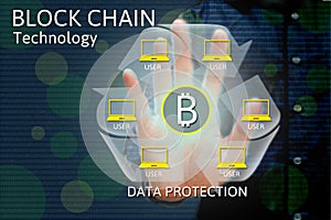 Block chain network concept and bitcoin icons, double exposure o