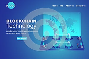 Block chain technology Landing page concept. Isometric 3d of block platform transfer data. business and financial futuristic backg