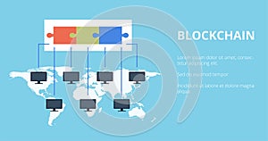 Block chain Technology vector illustration. Public database of transactions is recorded on computers running on the same