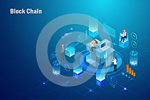 Block chain technology in workplace network connecting digital cube to big data visualization, online transaction security link,