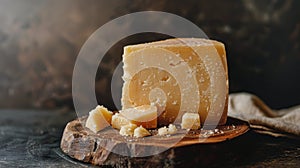 Block of Cheese on Wooden Cutting Board