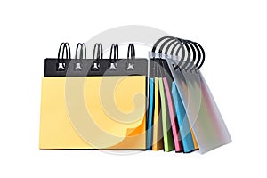 Block of colored note paper sticky stickers, object isolated on white background. Stack of notes and bookmarks, spring black