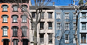 Block of colorful old apartment buildings on 18th Street in the Gramercy Park neighborhood of New York City