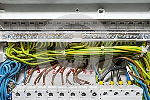 Block connecting green-yellow grounding wires with connected cables, installed in electrical box.