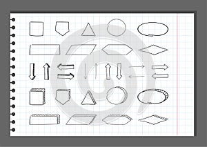 Block diagram flowchart vector collection. mindmap set of hand-drawn system structure elements circle oval rectangle square arrow