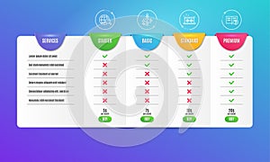 Block diagram, Music making and Internet search icons set. Help sign. Algorithm path, Dj app, Web finder. Vector