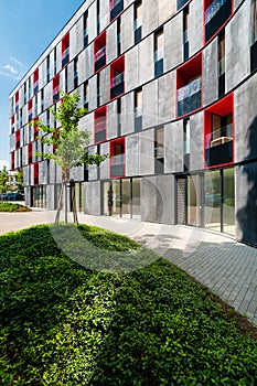 Block of flats in modern design with red color