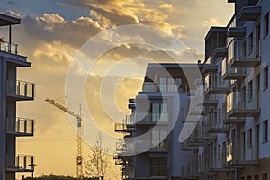 Block of flats under construction with crane at sunset sky, meeting deadline concept