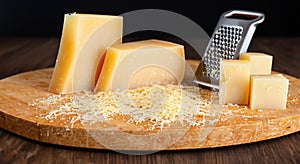 block of grated cheese on a wooden board and a grater in high resolution
