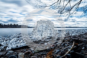 Block of ice on lake on early spring day