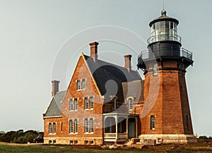 Block Island, RI / United States - Sept. 15, 2020: A landscape view of Block Island Southeast Light,  a lighthouse located on