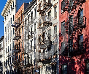 Block of old historic buildings on 5th Street in the East Village neighborhood of New York City