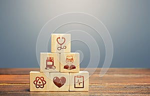 Block pyramid with medical icons symbols. Supplies, equipment and specialists for the normal functioning of hospitals in the fight