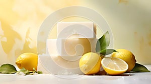 Block of stones decorated with citrus for product presentations photo