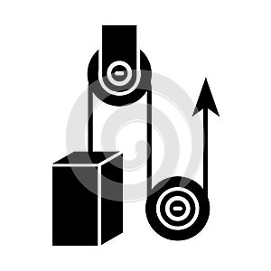 Block system lift icon. Machines pulley systems, law of motion. Physics of the process of lifting weights. Construction simple