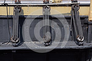 Block and tackle rigging on an old sailing ship, ropes for boat sails