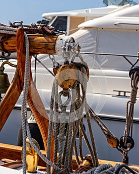 Block and Tackle on a wooden sailing yacht close up